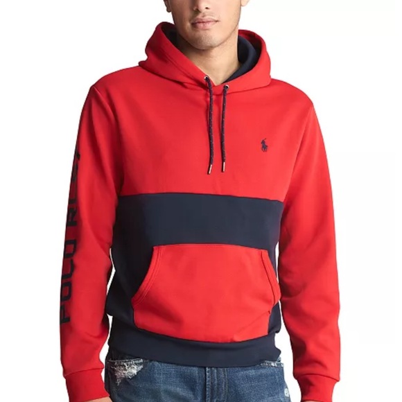 POLO Ralph Lauren PONY RL 67 Double Knit Hoodie Men L Red Color Block Sweatshirt - Picture 1 of 15